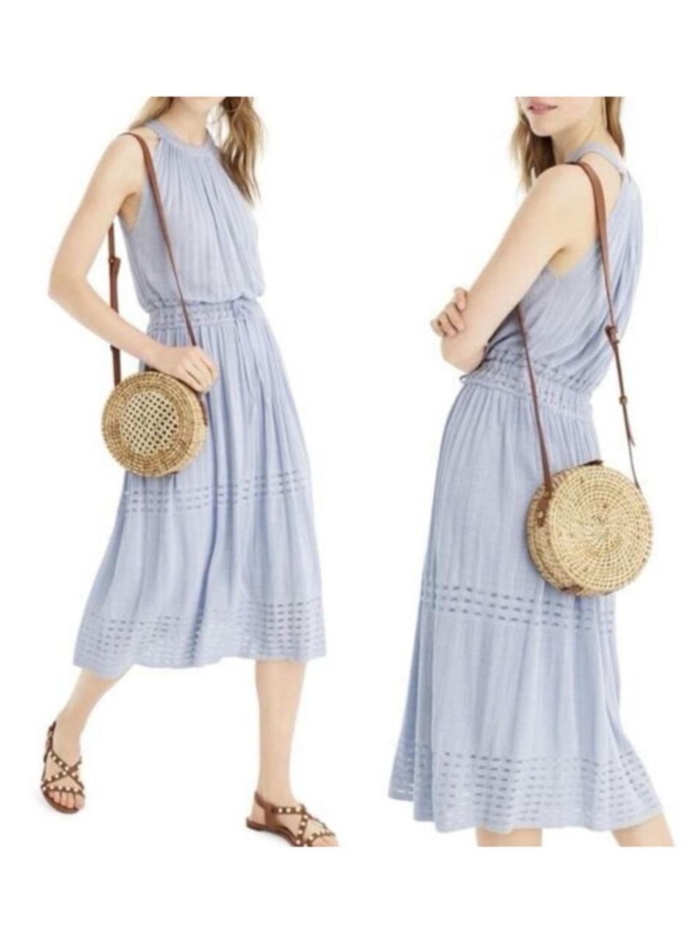 J. Crew Point Sur Dress Cinched Shale Blue Linen Blend Sweater Midi NWT XS
